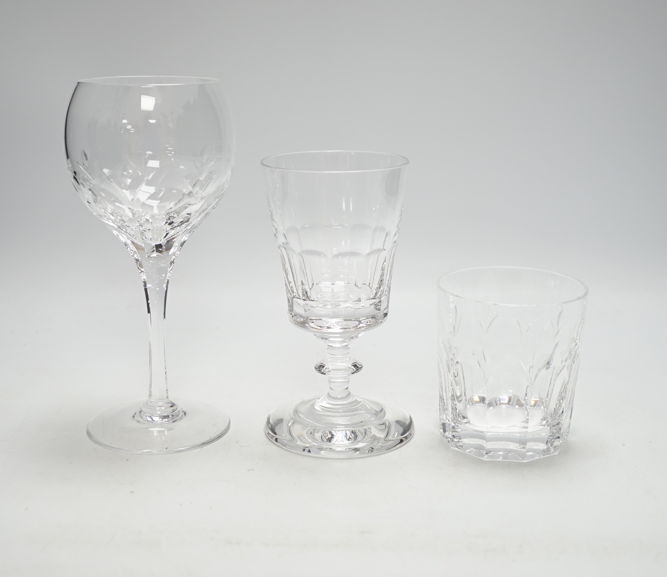 Six 'Willian Yeoward' wine goblets with 'bucket' bowls together with six other tall wines and six matching tumblers (18)